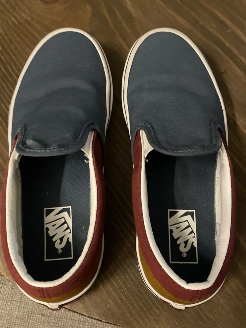 Vans Kids Slip-On Sneakers in Blue with Red and Mustard Accents
